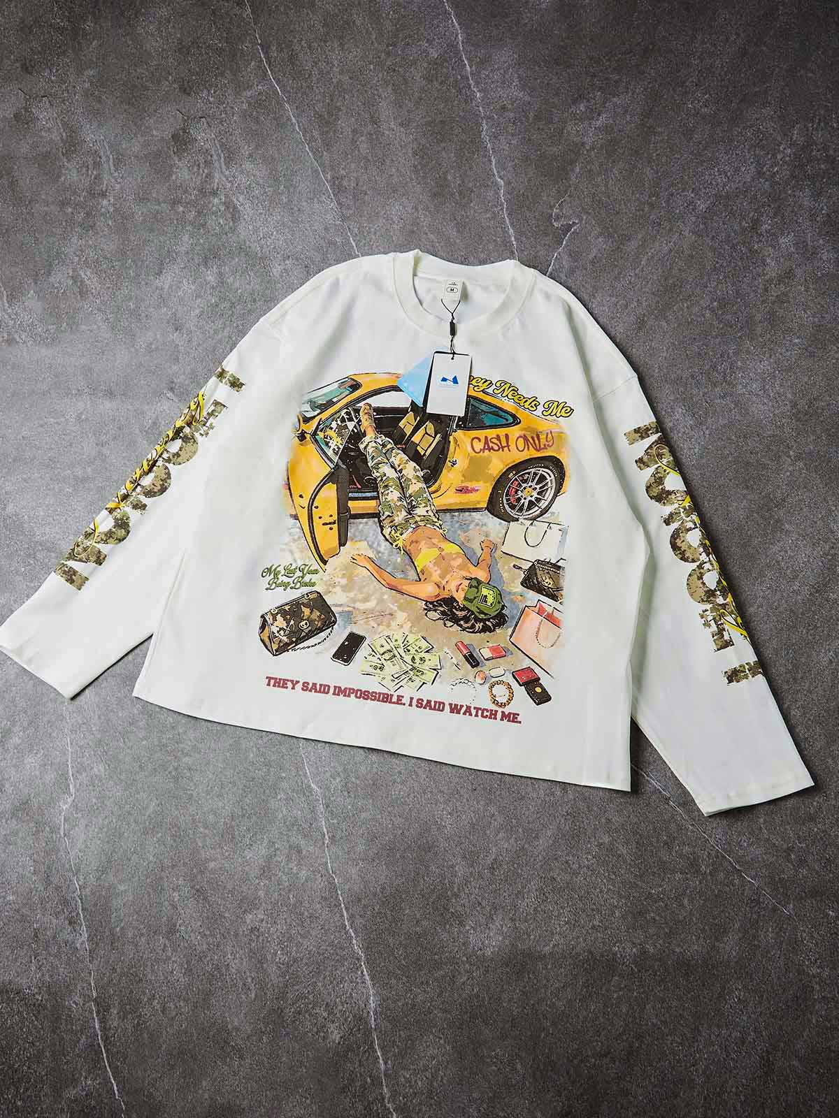 NOISSEY "Money Needs Me" Boxy Heavyweight Camo Art Long Sleeve - Cloud White