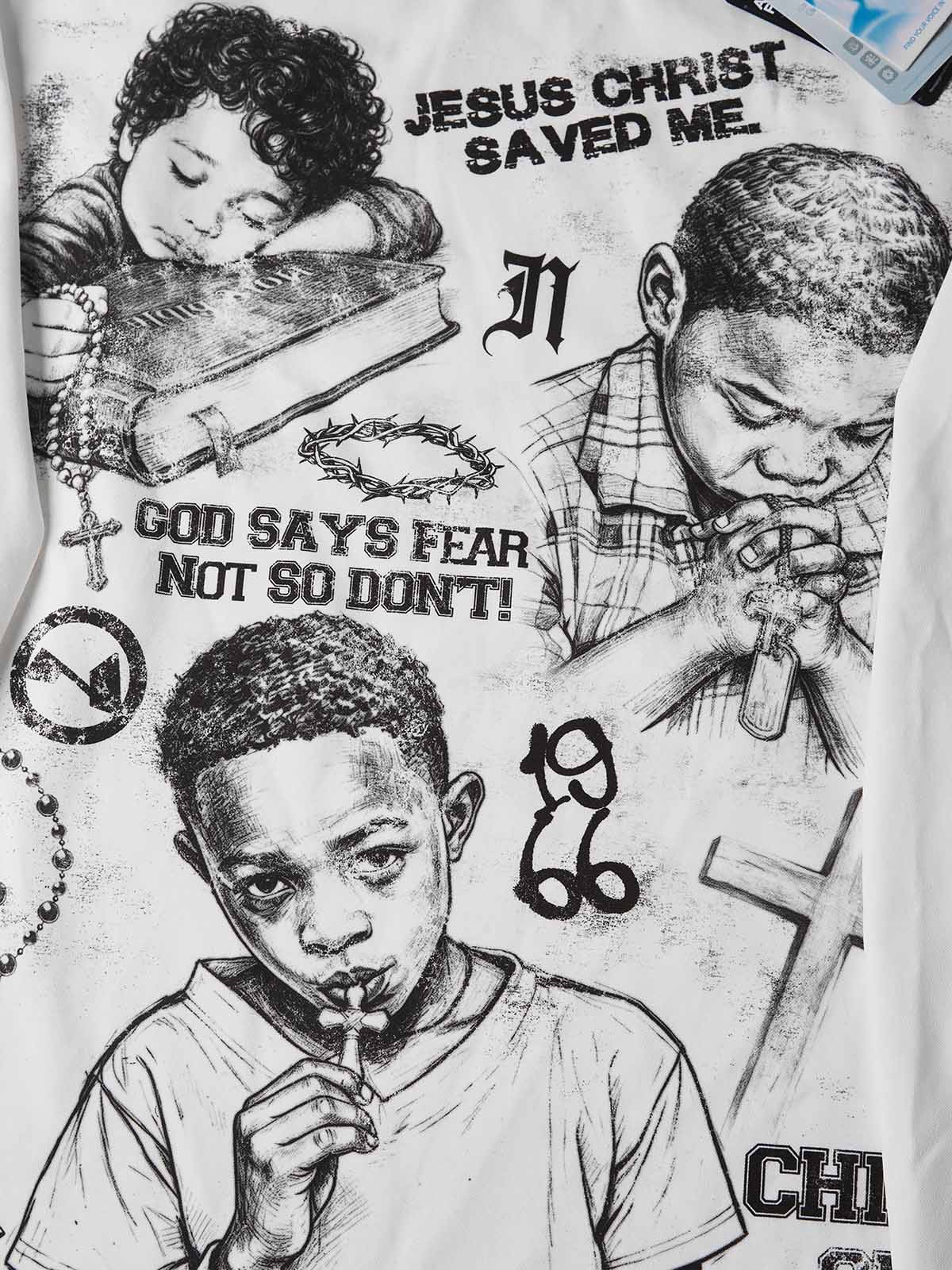 NOISSEY "Child of God" Praying Children Sketch Graphic Long-Sleeve Tee - Pure White