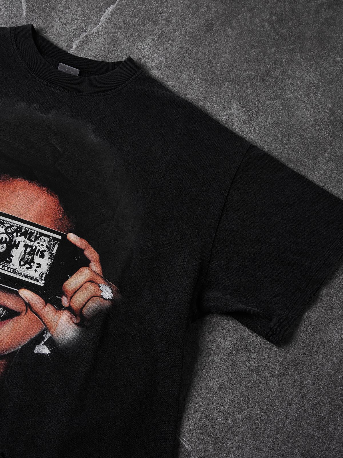 NOISSEY "PSP Dollar Grillz" Distressed Boxy Tee - Vintage Black