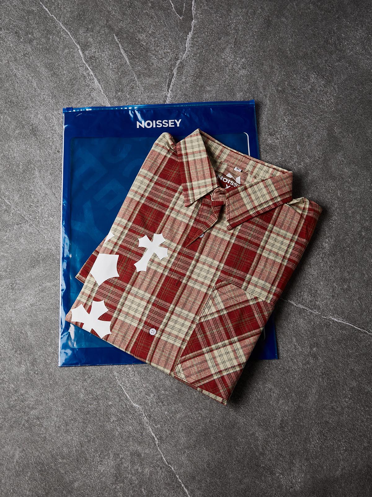 NOISSEY "Gothic Rosary" Hot-Fix Plaid Short-Sleeve Shirt - Red