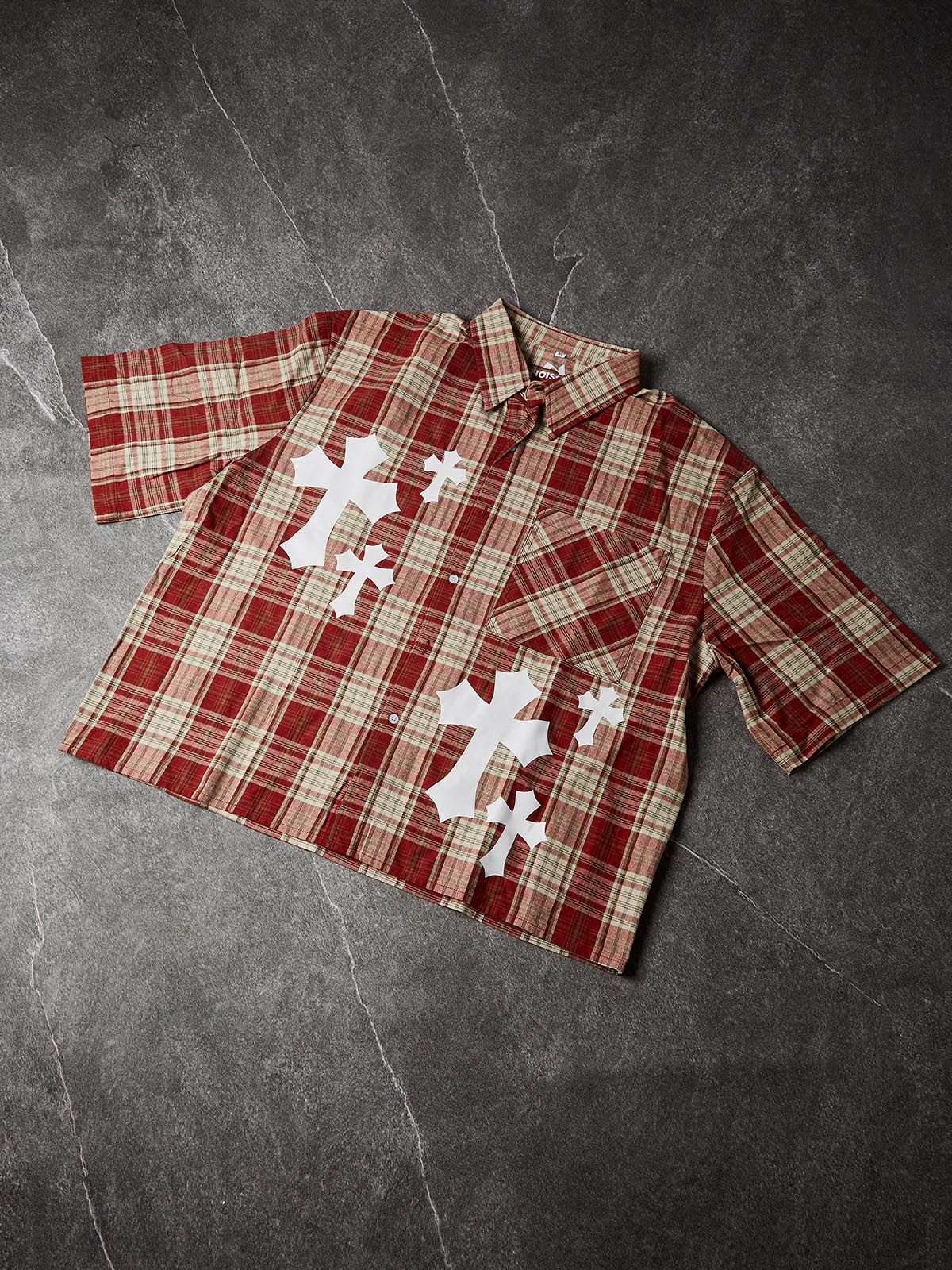 NOISSEY "Gothic Rosary" Hot-Fix Plaid Short-Sleeve Shirt - Red