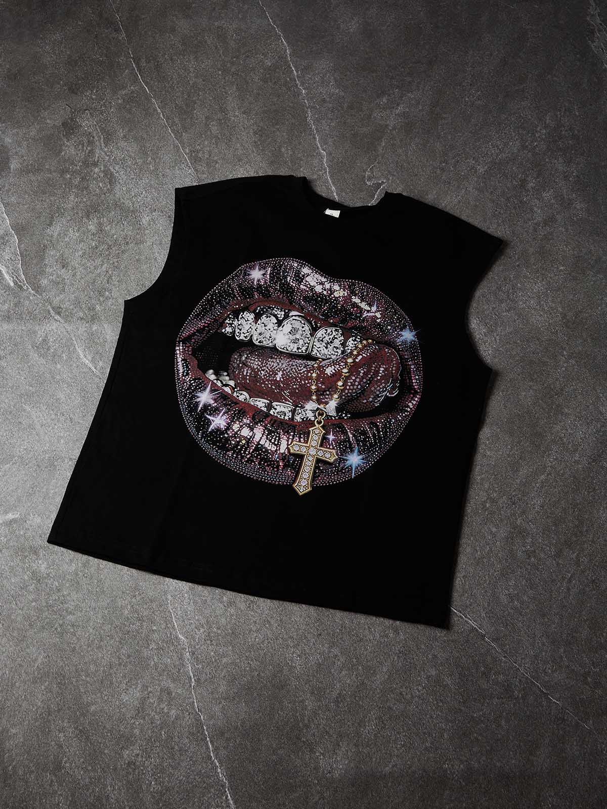 NOISSEY Rhinestone Lips Cross Graphic Art Little Oversized Tank Top - Onyx Black