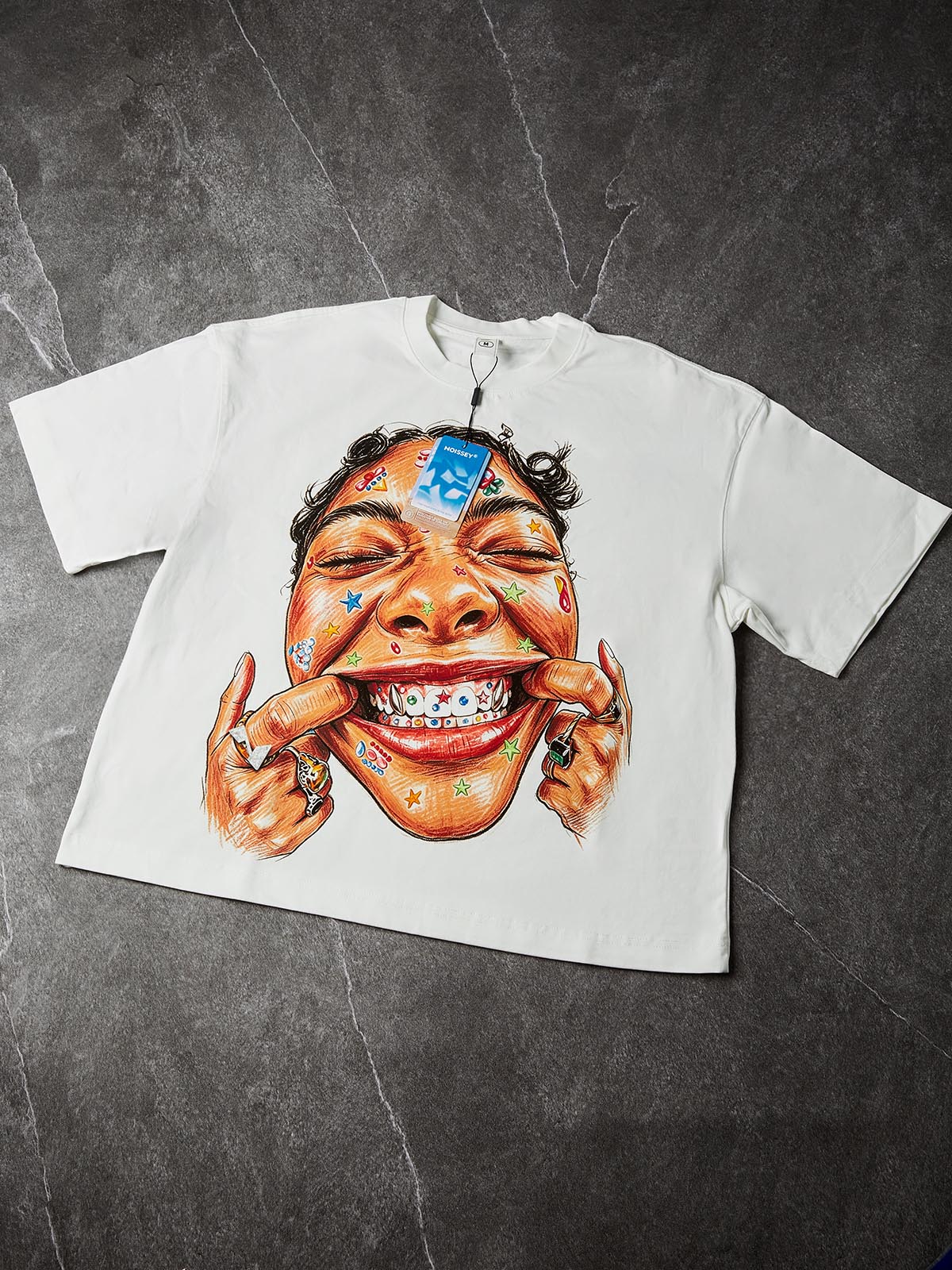 NOISSEY "Y2K Colorful Smiley" Graphic Boxy Tee - Premium White