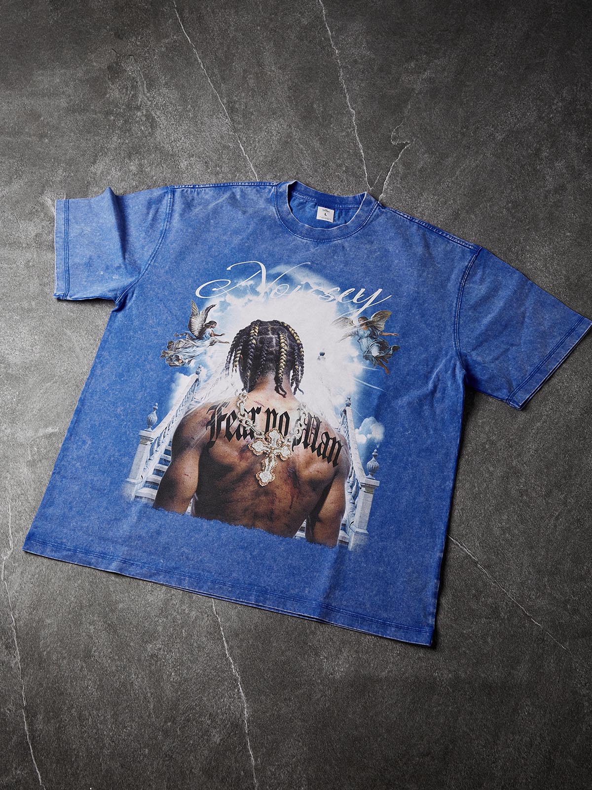 NOISSEY "FEAR NO MAN" ANGEL STAIRS WASHED BLUE TEE