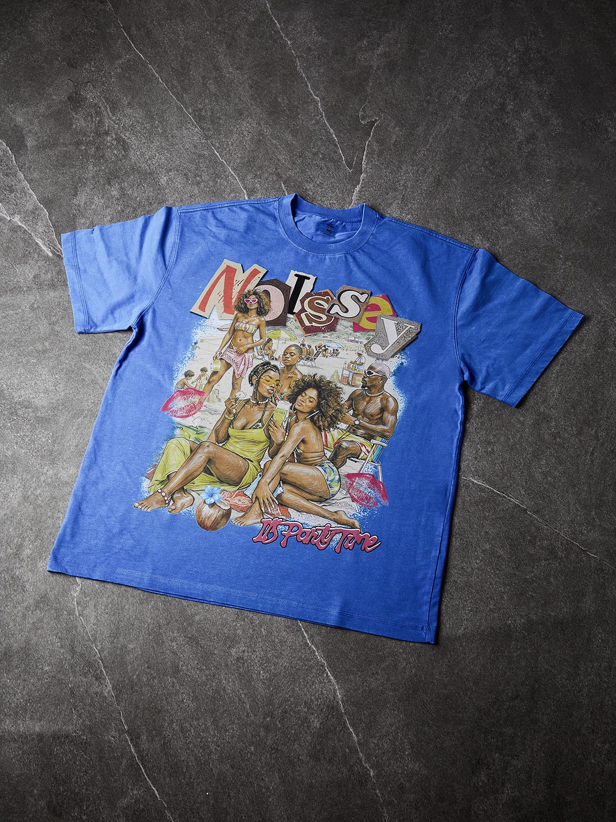 NOISSEY "BEACH PARTY" RETRO ILLUSTRATION WASHED BLUE OVERSIZED TEE