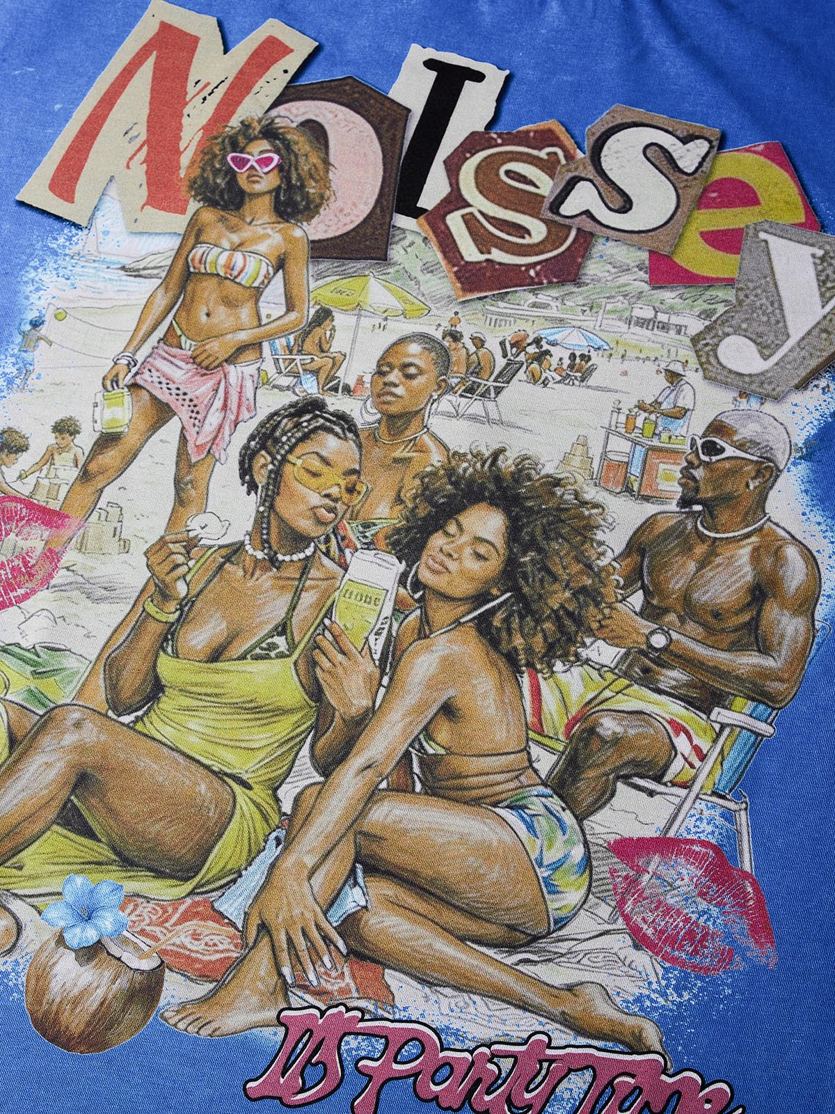 NOISSEY "BEACH PARTY" RETRO ILLUSTRATION WASHED BLUE OVERSIZED TEE