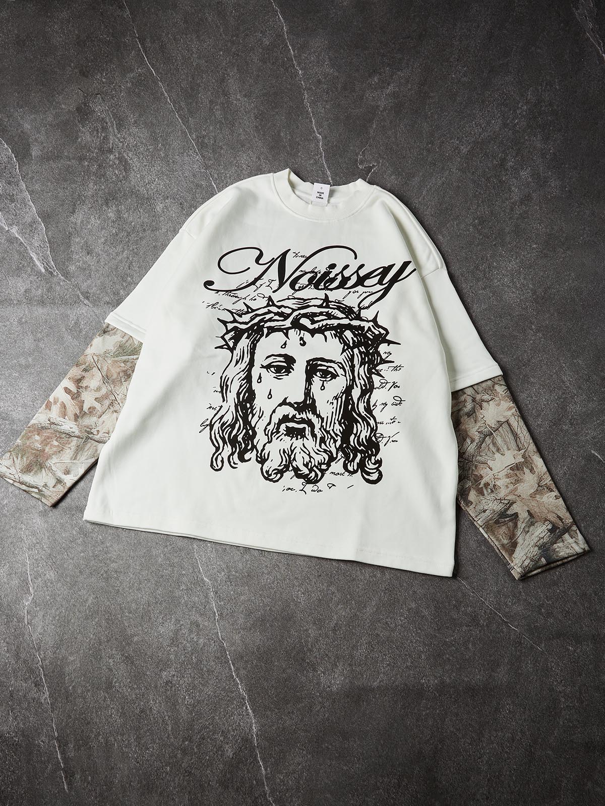 NOISSEY "Sacred Thorn" Jesus Sketch & Camo Splice Graphic Long-Sleeve Tee - Pure White