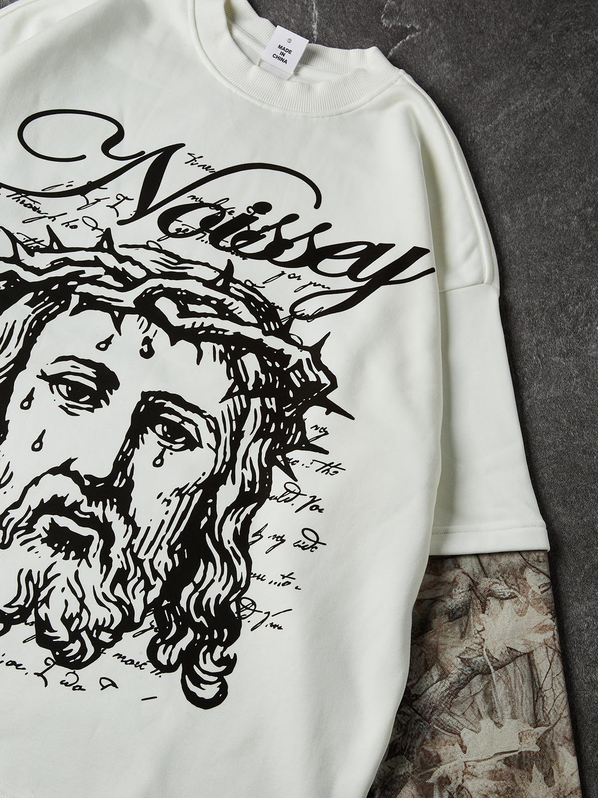 NOISSEY "Sacred Thorn" Jesus Sketch & Camo Splice Graphic Long-Sleeve Tee - Pure White