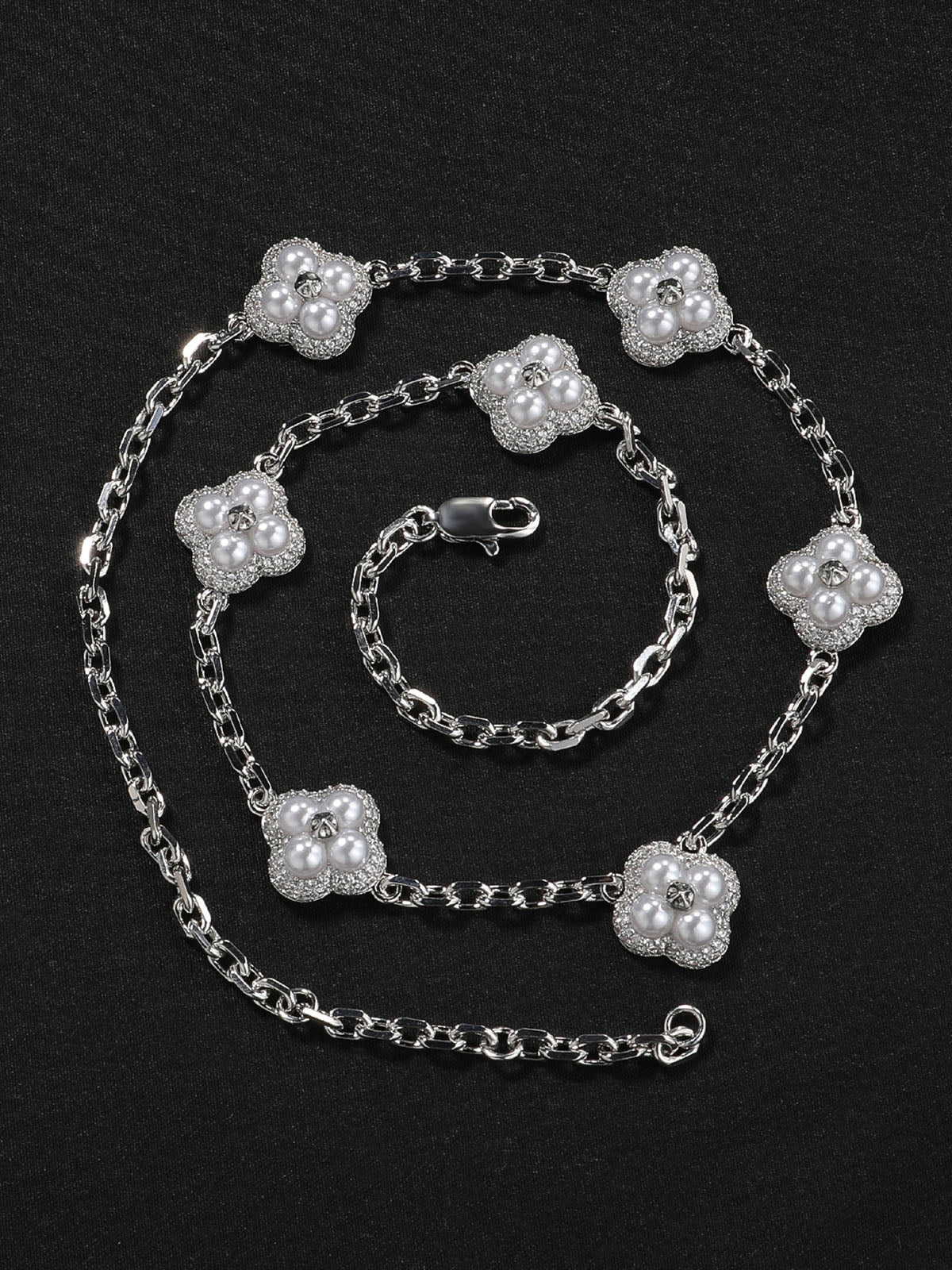 Luxury Iced Out Pearl Four-Leaf Clover Necklace & Bracelet