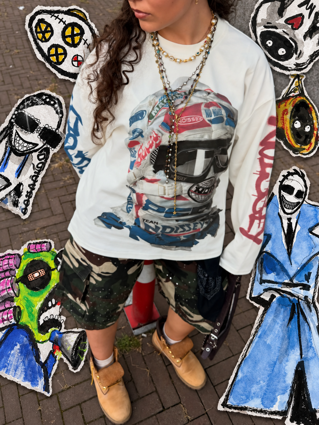 NOISSEY Speed Phantom Racing Mask Asymmetric Graffiti Long Sleeve Shirt - White