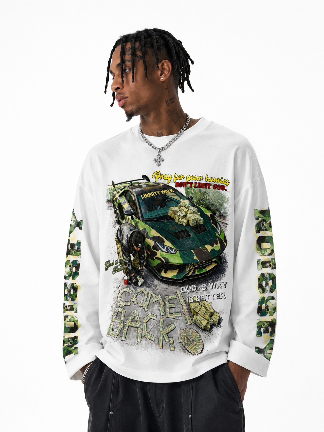 NOISSEY "Camo Supercar & Cash" Track Tee - Clean White Oversized Long Sleeve