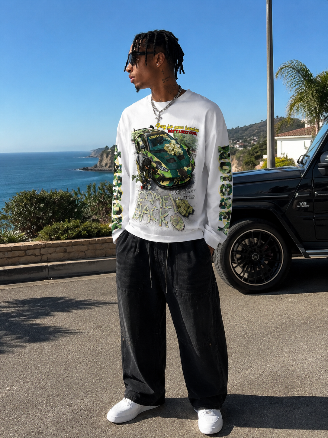 NOISSEY "Camo Supercar & Cash" Track Tee - Clean White Oversized Long Sleeve