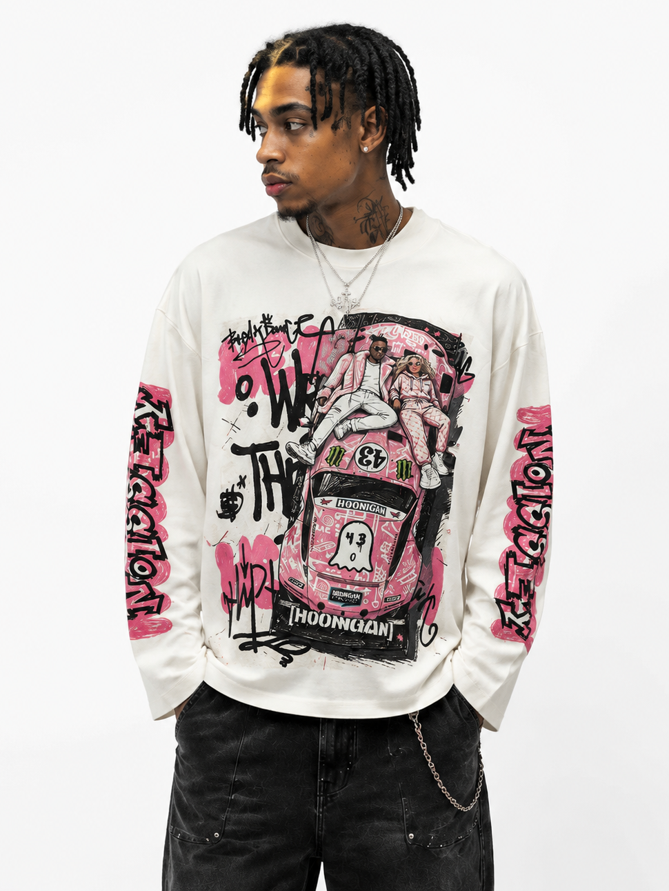 NOISSEY "Pink Hoonigan Graffiti" Coupe Tee - Clean White Oversized Long Sleeve