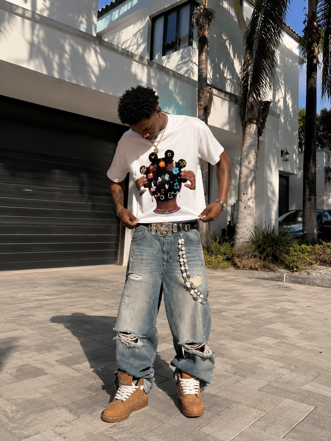 NOISSEY "American Braids" White Tee - Oversized Heavyweight Urban Graphic T-Shirt