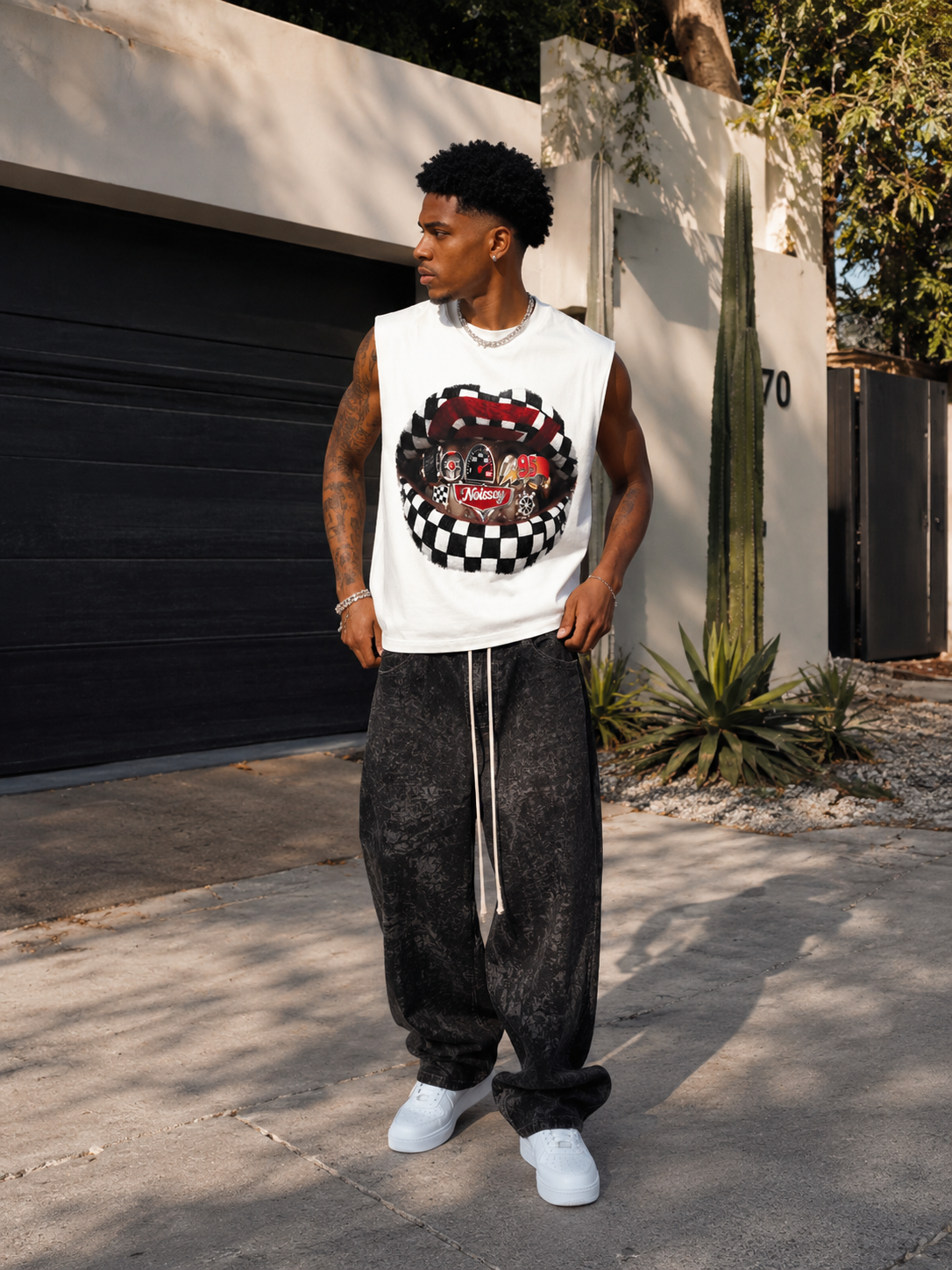 NOISSEY "Checkered Racing Lips" Heavyweight Tanktop - White Boxy Graphic Tank