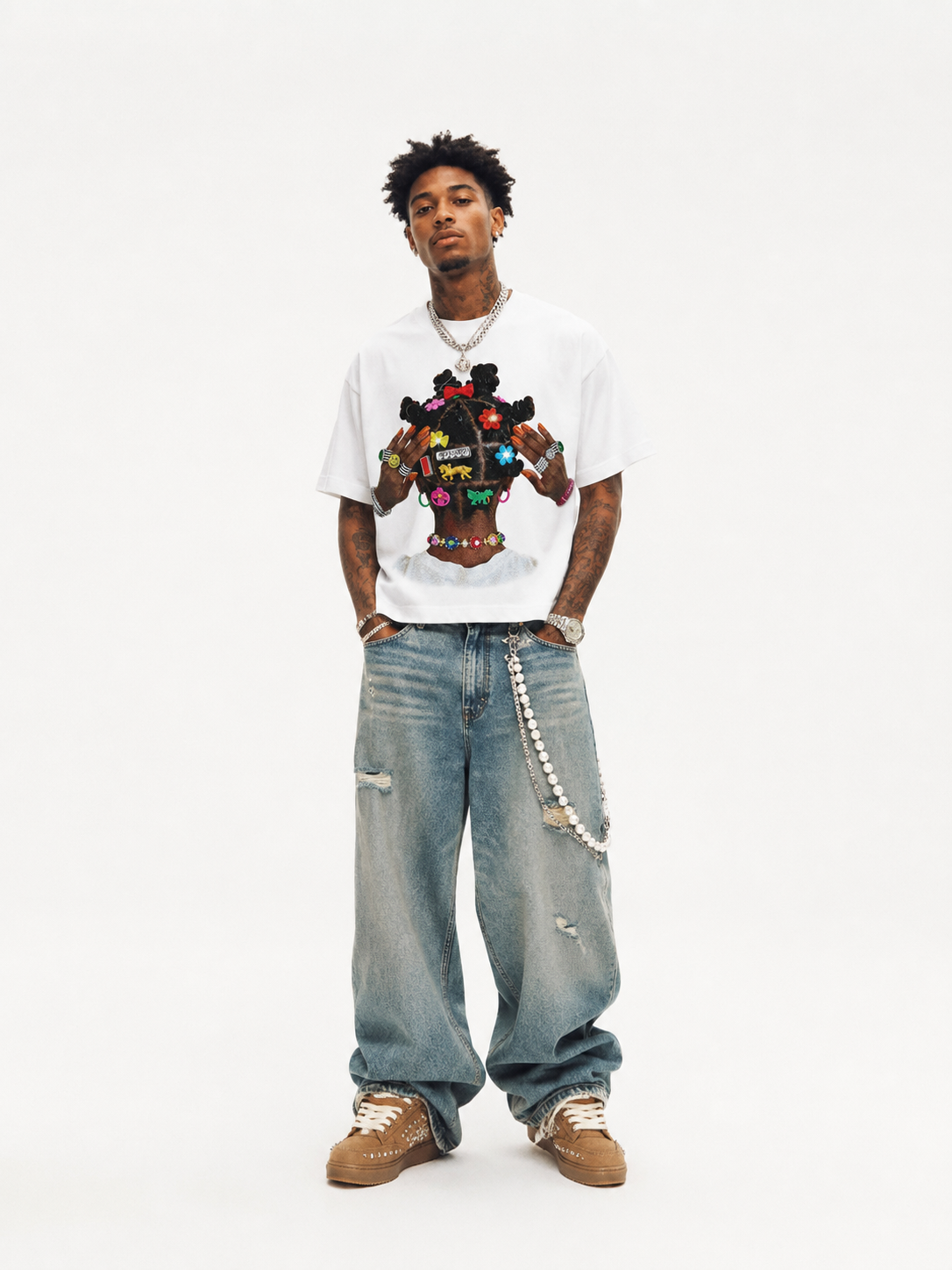 NOISSEY "American Braids" White Tee - Oversized Heavyweight Urban Graphic T-Shirt