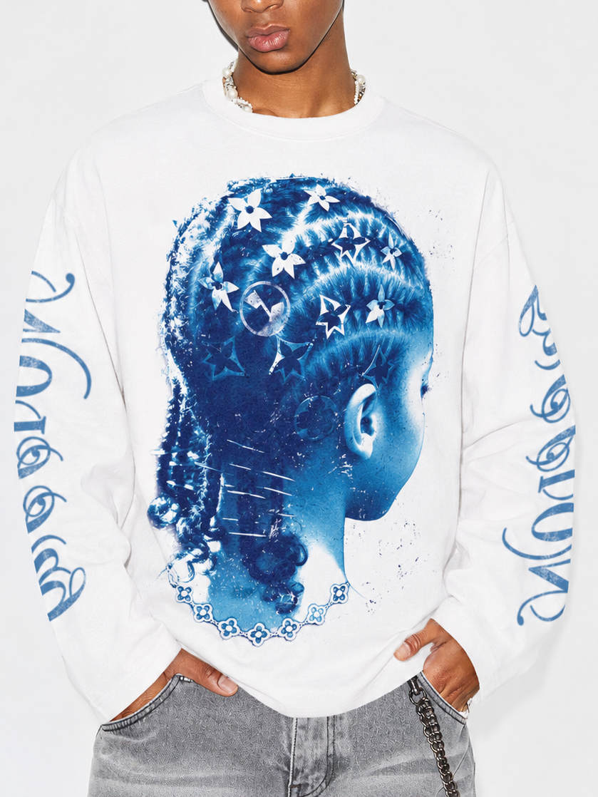 NOISSEY Deep Blue Braids - Luxe Tattoo Pattern Art Long Sleeve Tee