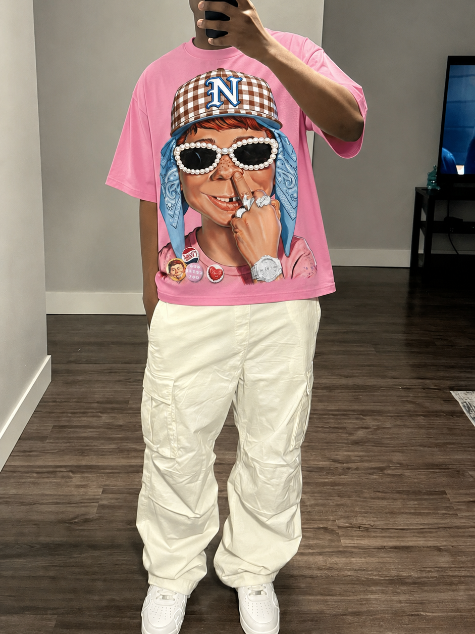 NOISSEY "Newman Defiance" Graphic Oversized Tee - Bubblegum Pink