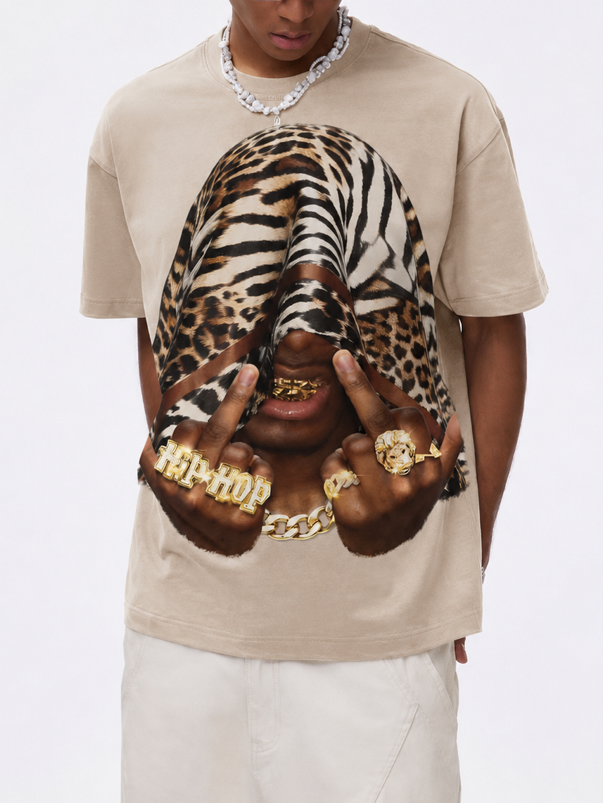 NOISSEY "Leopard Bandit" Graphic Oversized Tee - Sand Beige