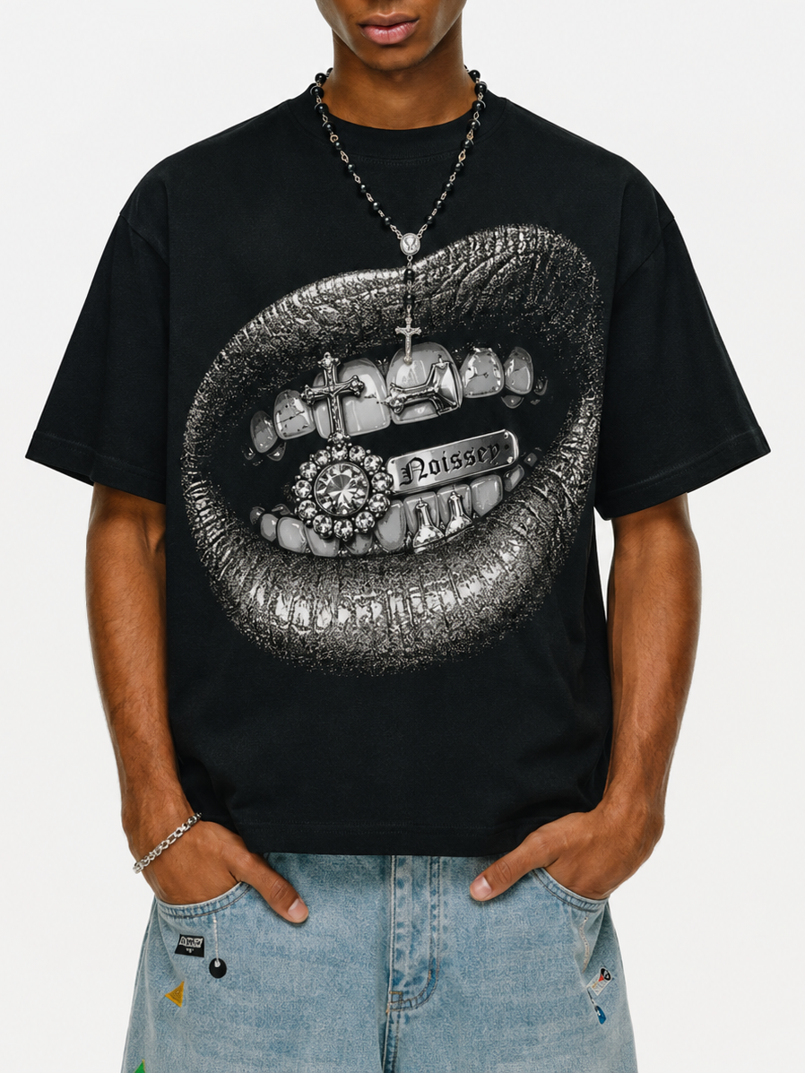 NOISSEY "Silver Grillz Lips" Black Tee - DIY Combo T-Shirt