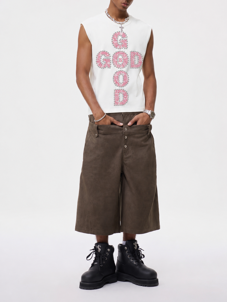 NOISSEY GOD IS GOOD! Lace Pearl Edge Print Tank Top