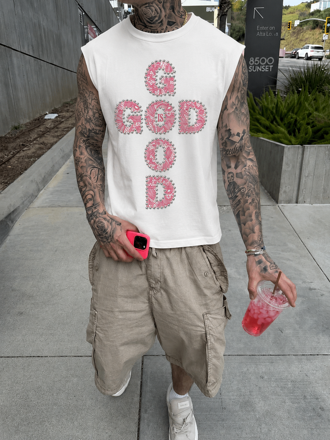 NOISSEY GOD IS GOOD! Lace Pearl Edge Print Tank Top