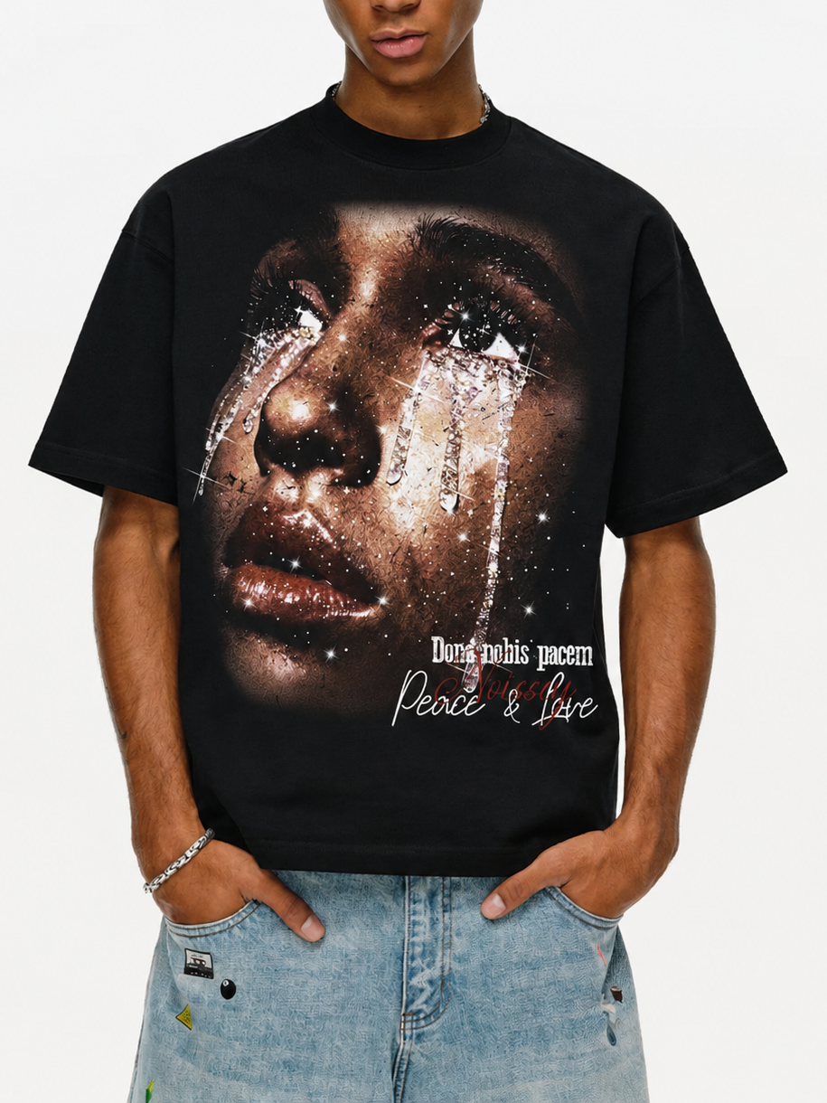 NOISSEY "Peace & Love" Black Boxy Tee - Diamond Tears Graphic