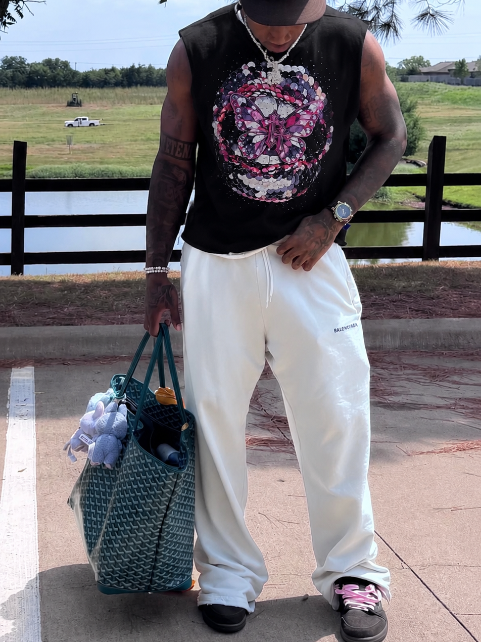NOISSEY "Pink Butterfly" Black Vest - Boxy Lip Diamond Tank