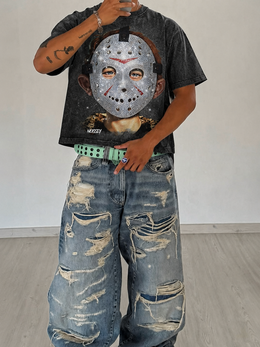 NOISSEY "Friday the 13th" Iced-Out Jason Graphic T-Shirt - Vintage Black