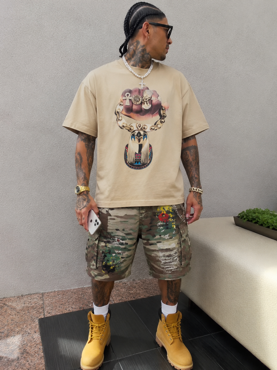 NOISSEY "Horus Gold" Pharaoh Graphic Tee - Vintage Washed Sand