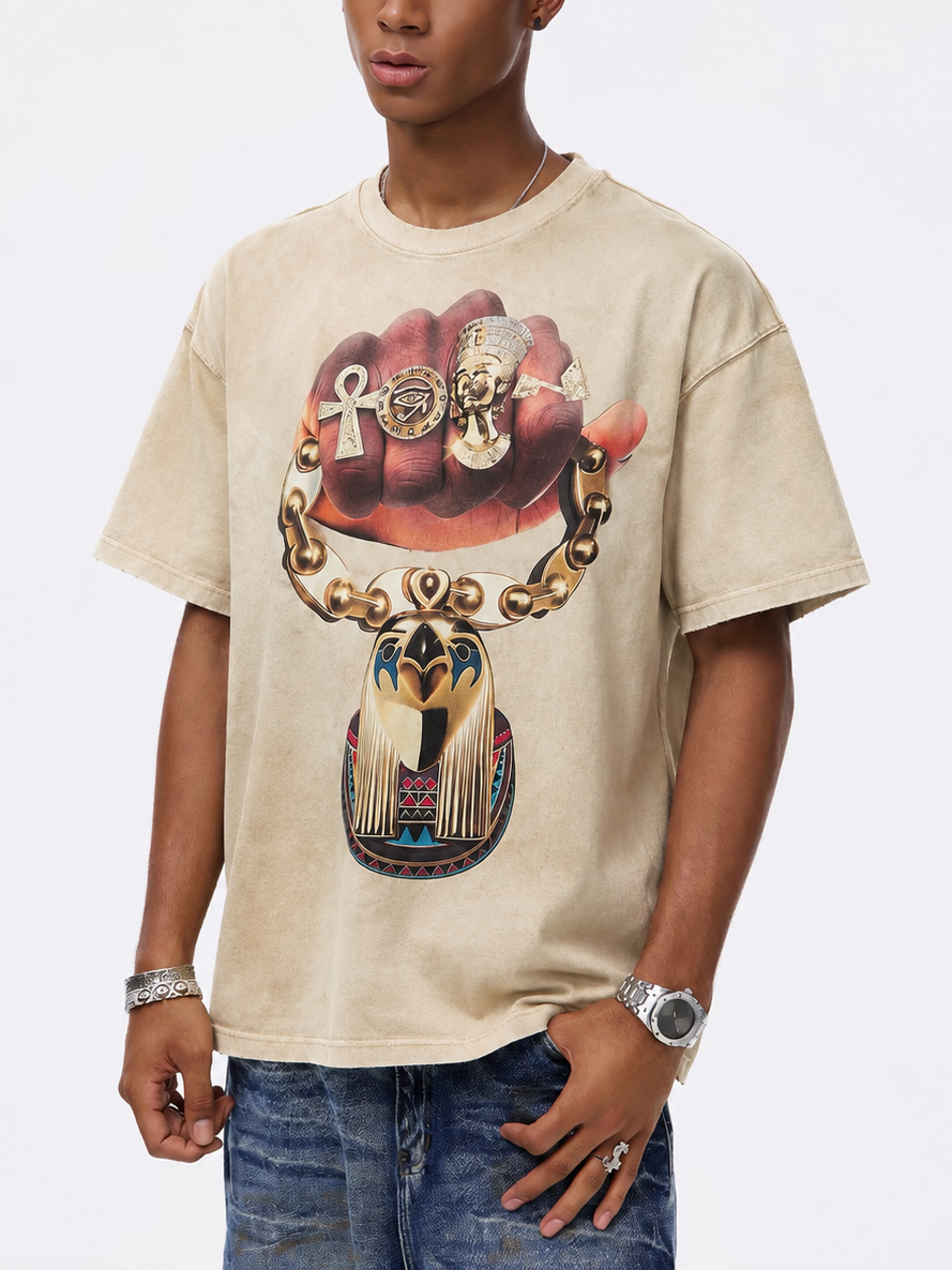 NOISSEY "Horus Gold" Pharaoh Graphic Tee - Vintage Washed Sand
