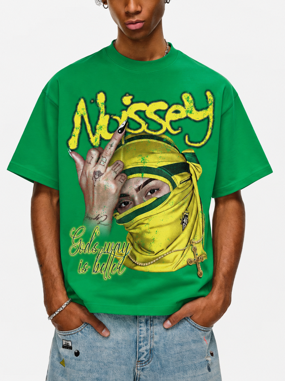NOISSEY "God's Way" Masked Graphic Tee - Vibrant Street Green