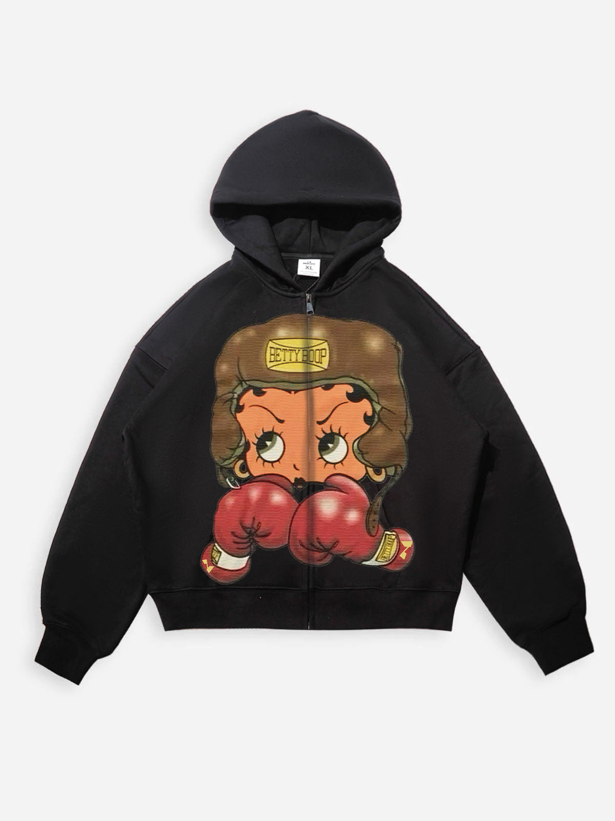 Classic black boxy hoodie with a retro cartoon girl boxing print and oversized sleeves.