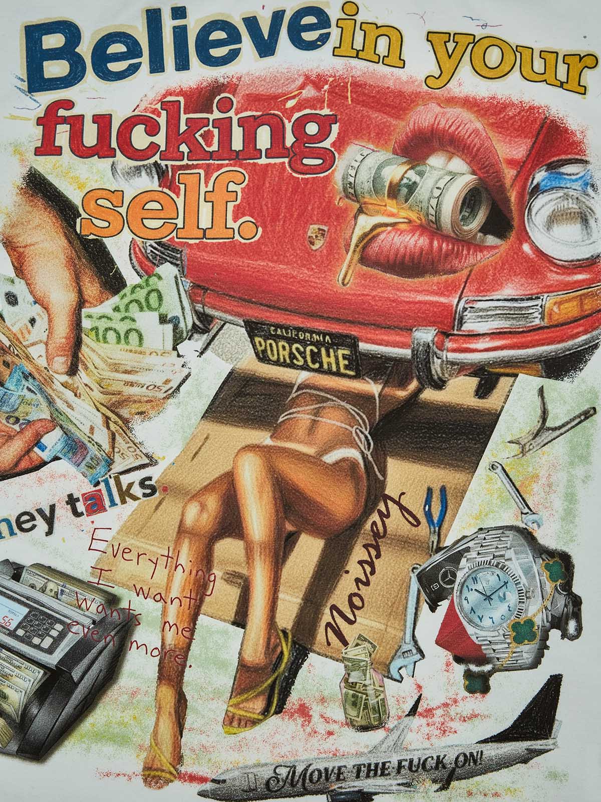 Close-up detail of MONEY TALKS Graffiti Print - Intricate artwork featuring money motifs, graffiti text, and abstract elements.