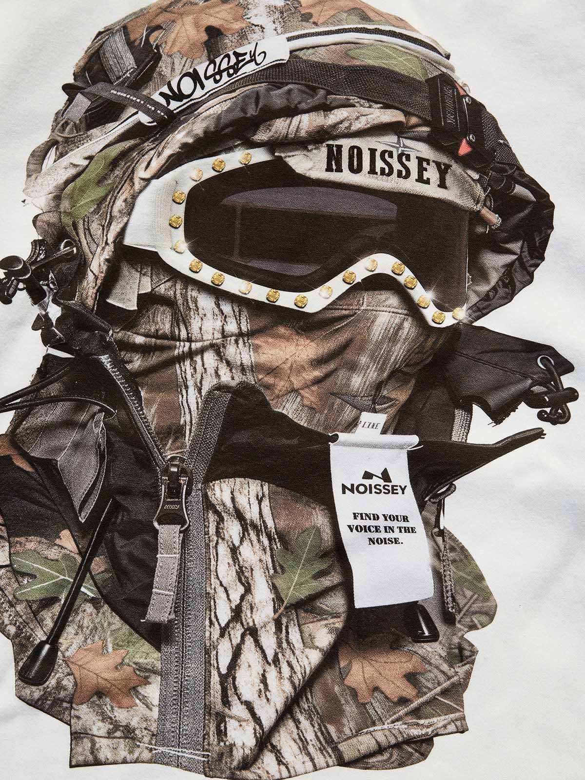 Close-up of NOISSEY tactical print, highlighting the studded goggles and technical gear details.