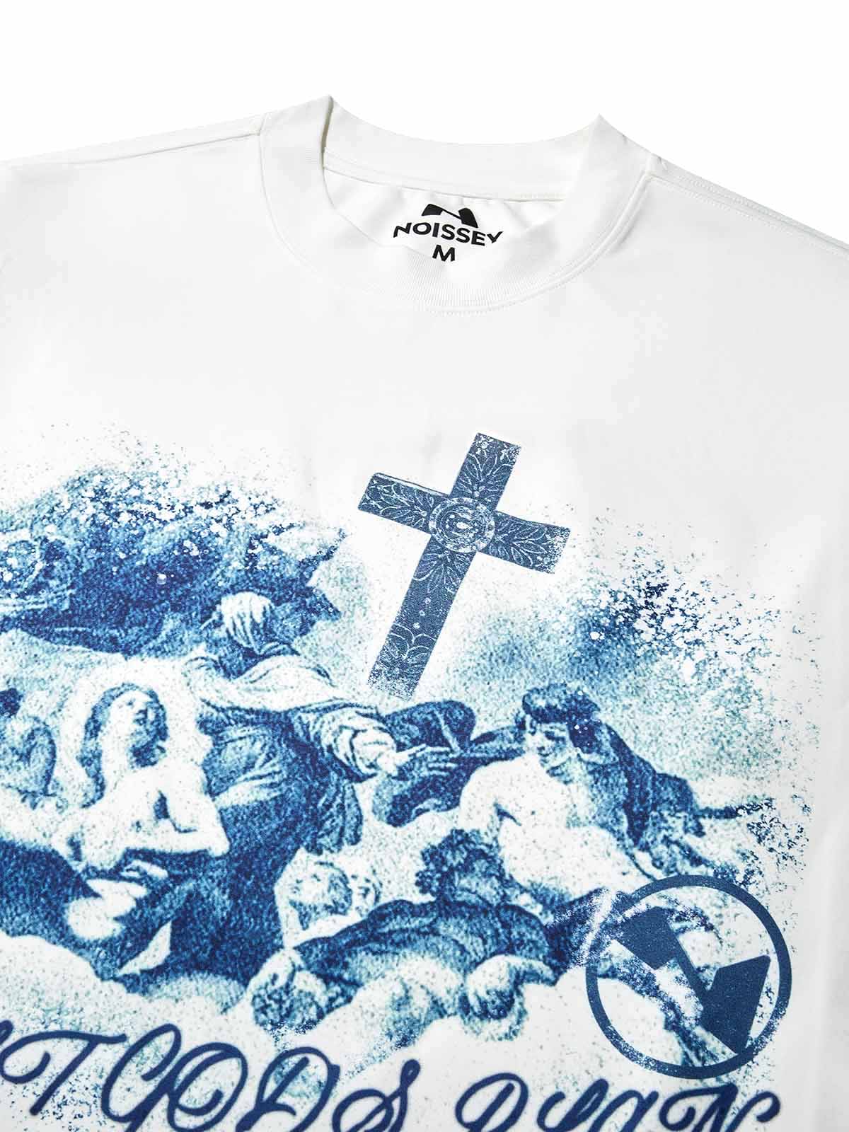 Close-up of blue Renaissance angel graphic with cross and Trust God's Plan text