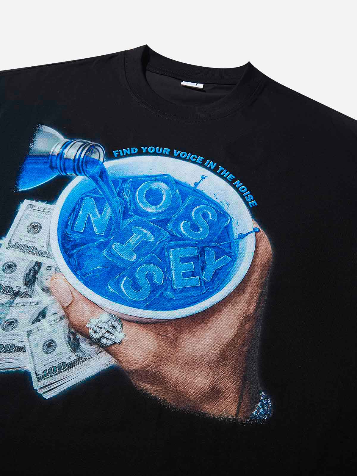 Close-up of blue liquid pouring into a bowl spelling NOISSEY with cash stacks underneath