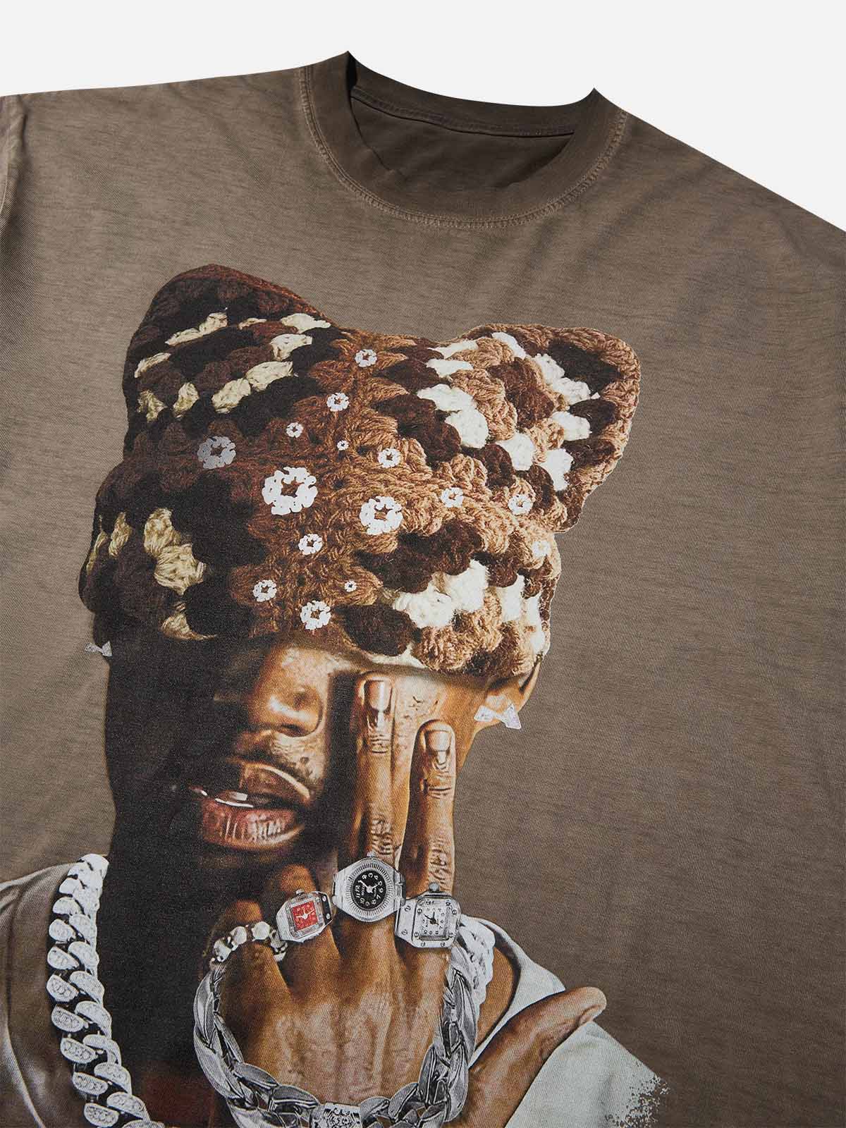 Close-up of graphic showing man wearing brown floral crochet beanie covering face with jewelry