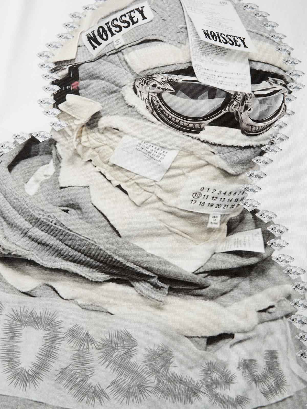 Close-up of head wrapped in deconstructed bandages wearing tactical goggles