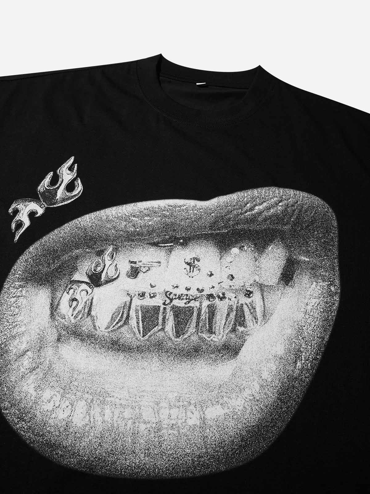 Close-up of lips biting grillz engraved with gun, dice, flame and dollar sign icons