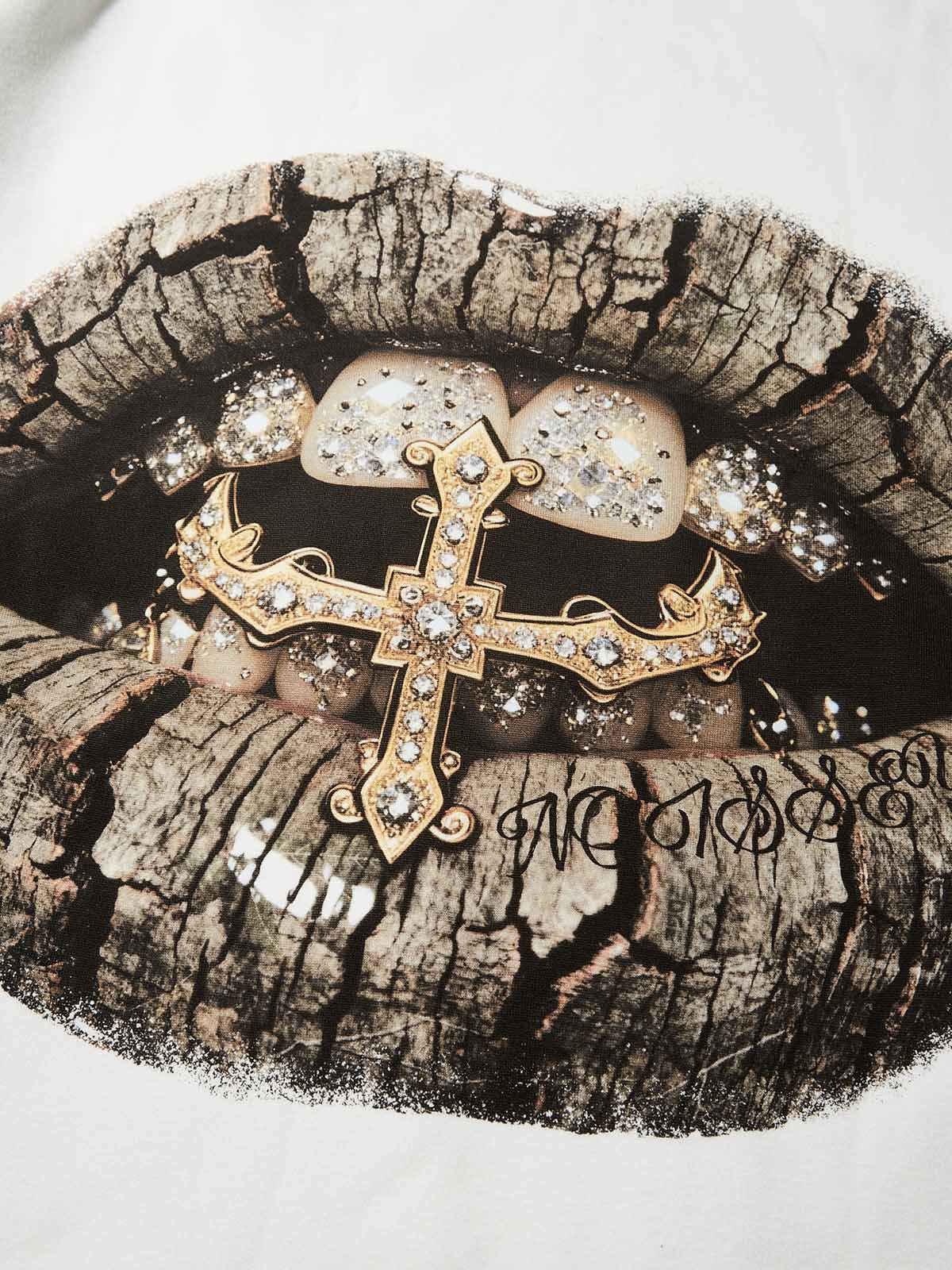 Close-up of surreal tree-bark textured lips biting a diamond golden cross grill