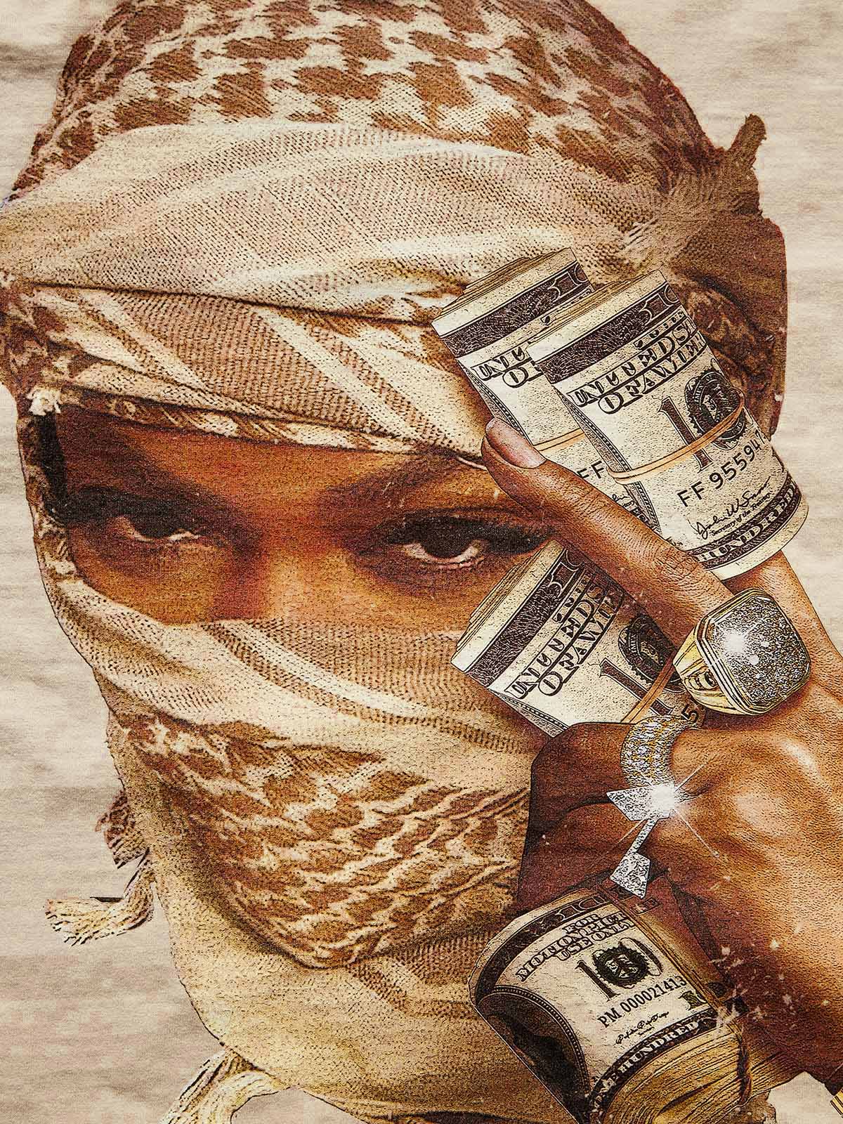 Close-up of the "Desert Mirage" print highlighting the reflective diamond-style studs on the watch and rings for a 3D luxury effect.