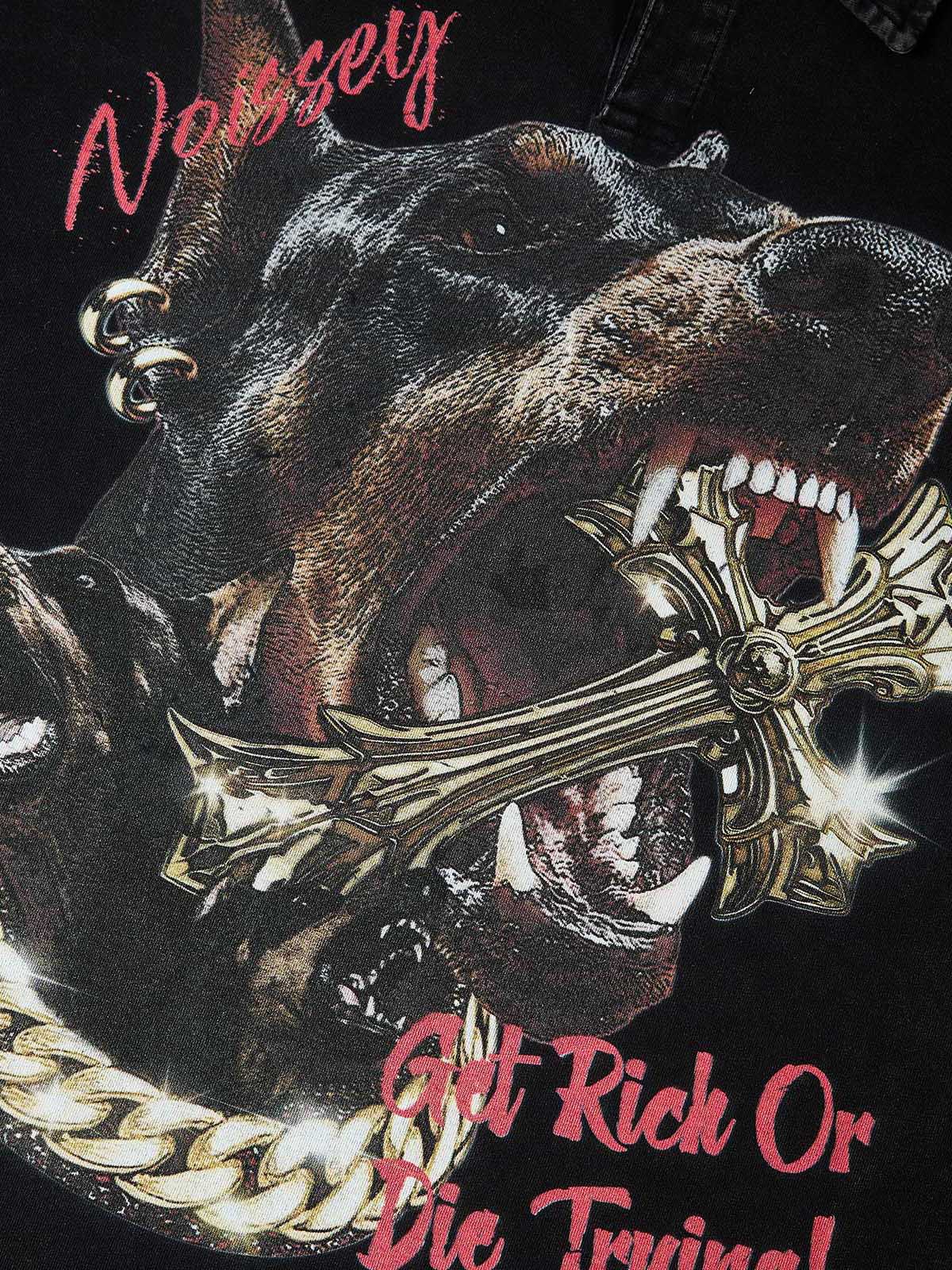 Close-up of the Doberman's snarling expression and the sparkling diamond-effect on the cuban link, showcasing the high-definition print quality.