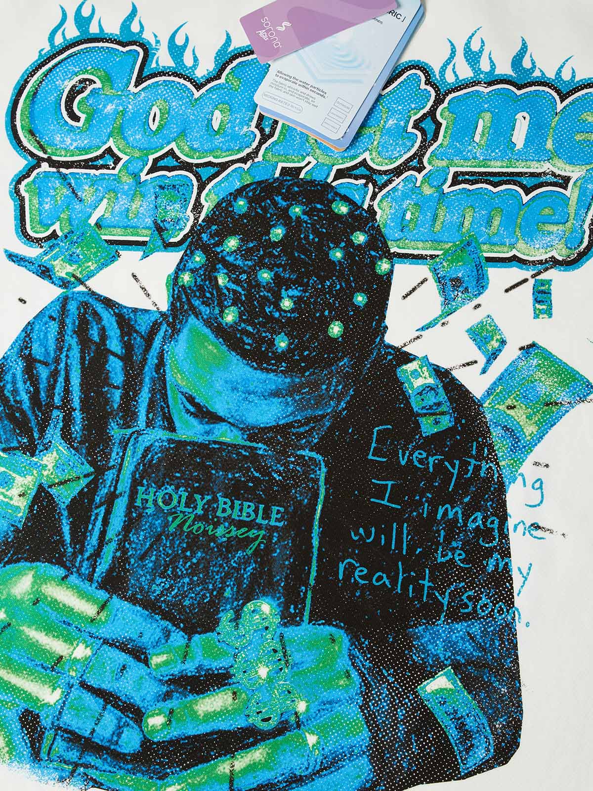 Close-up of the "Everything I imagine will be my reality soon" script and the high-definition stipple texture of the hands and Bible.