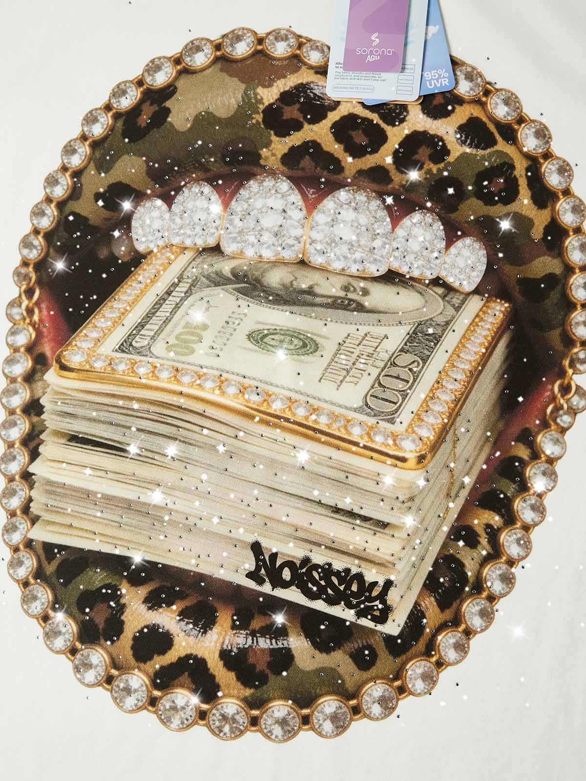 Close-up of the "Grillz" print, highlighting the sparkling glitter accents on the diamonds and the detailed texture of the camo-leopard lips.