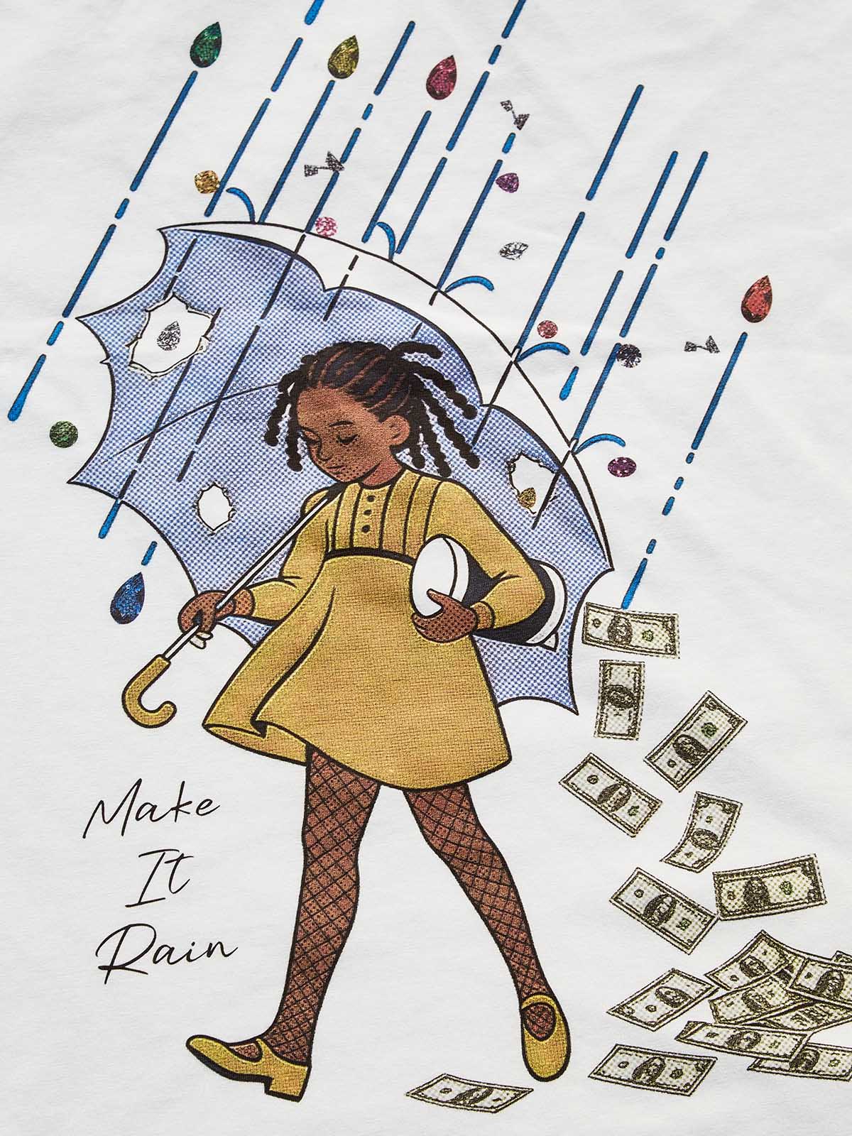 Close-up of the NOISSEY print, highlighting the vibrant colors of the money, umbrella, and the "Make It Rain" typography.