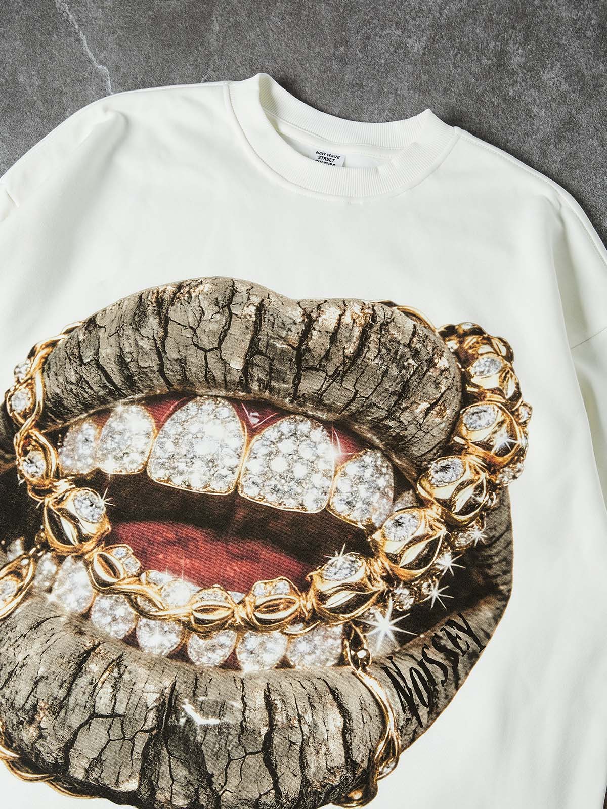 Close-up of the "Stone Cold" lip texture and the shimmering diamond-encrusted grills, showcasing the high-definition mixed-media print quality.