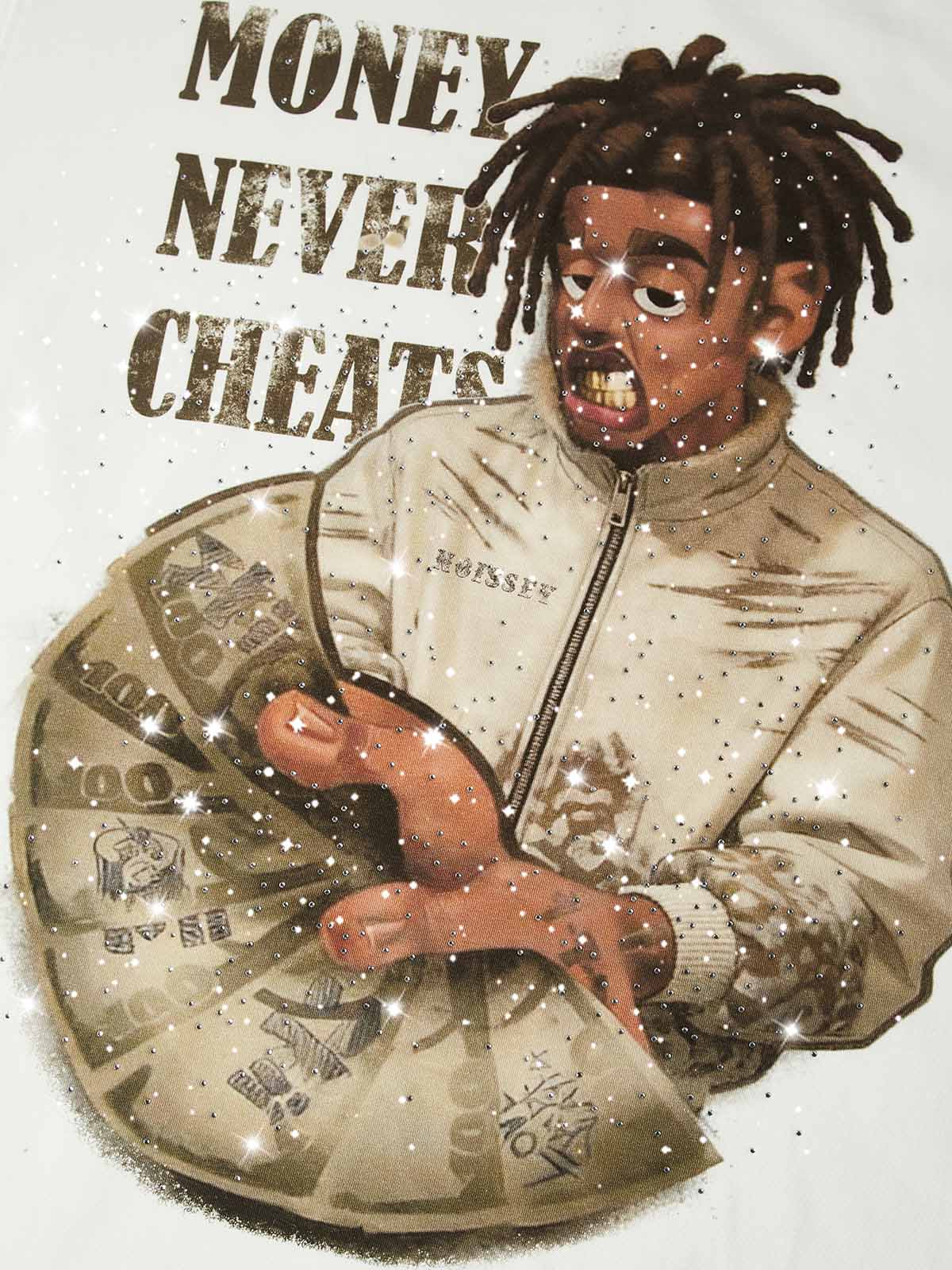 Close-up of the character's gold grillz and the sparkling glitter accents on the currency fan, showcasing high-definition print quality.