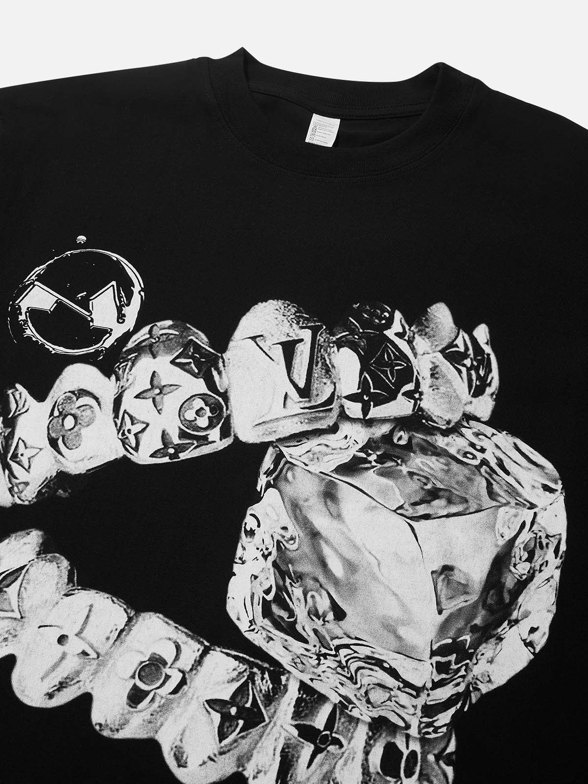 Close-up of the chrome liquid metal grillz biting a diamond ice cube print