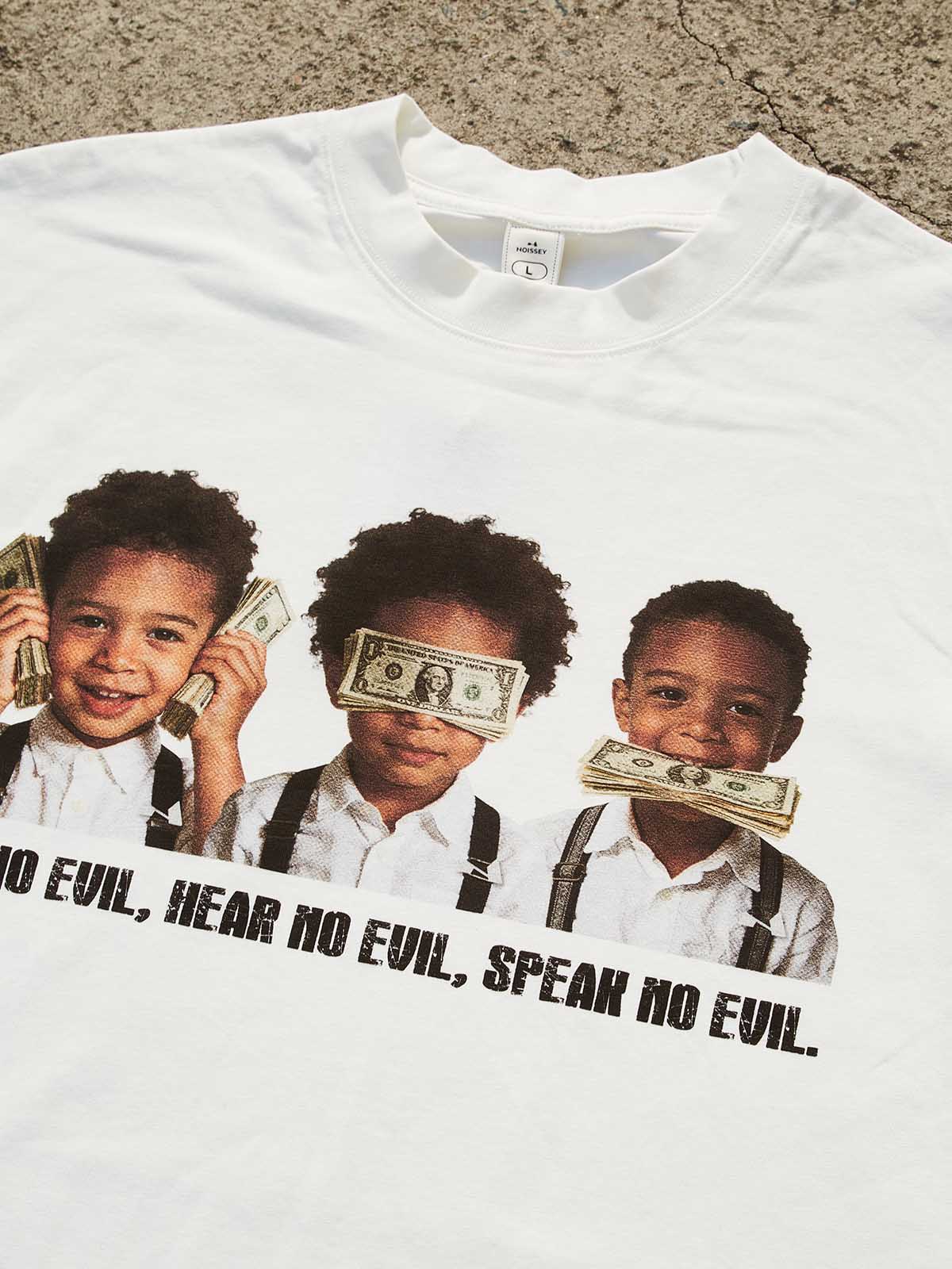 Close-up of the high-definition satirical art print and the bold black text "SEE NO EVIL, HEAR NO EVIL, SPEAK NO EVIL".